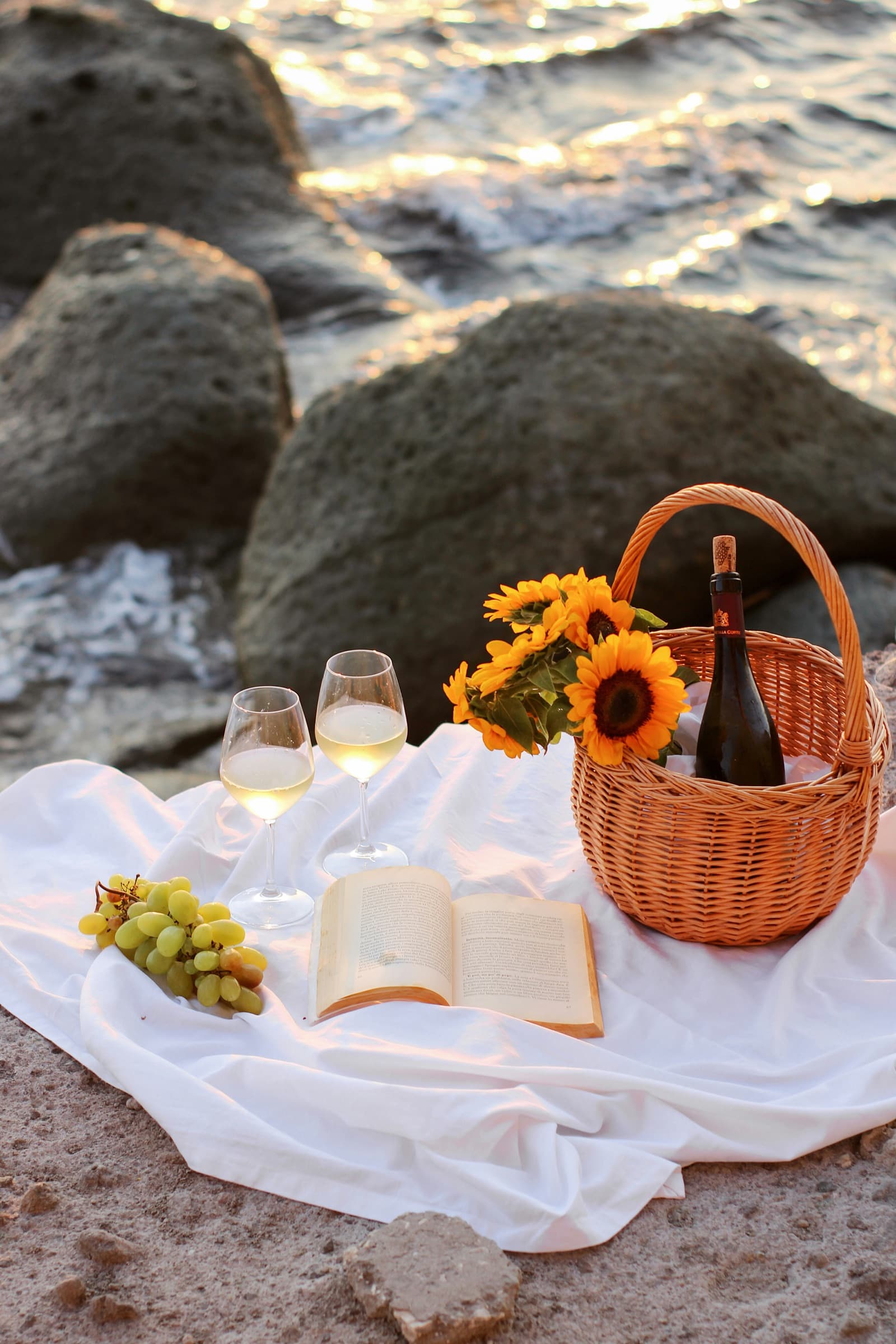Piquenique com vinho e frutas à beira-mar ao pôr do sol